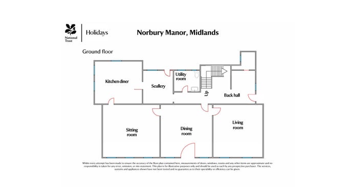 The ground floor plan of Norbury Manor, showing hallway, sitting room, dining room, snug, kitchen, scullery and utility room with toilet